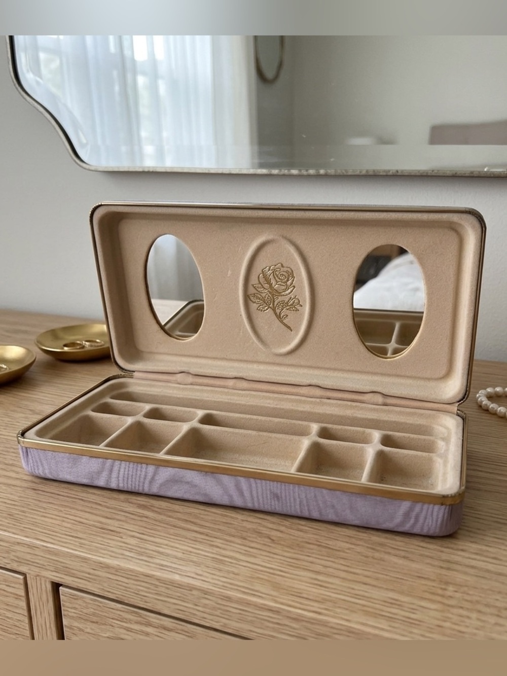 Vintage Moire Lavender Jewelry Box Gold Mirror Rose Velvet Interior Organizer